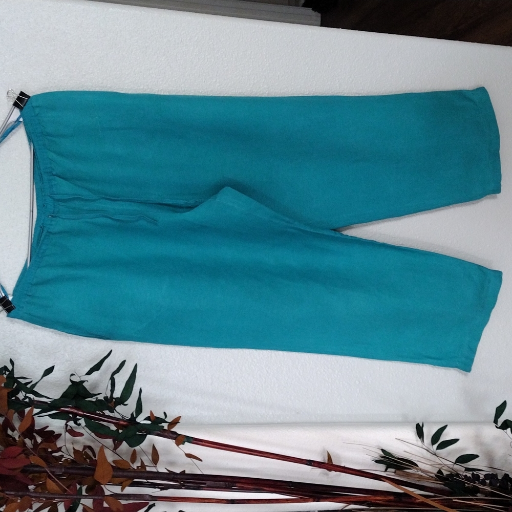 Ladies Turquoise Linen Blend Wide Leg Pants